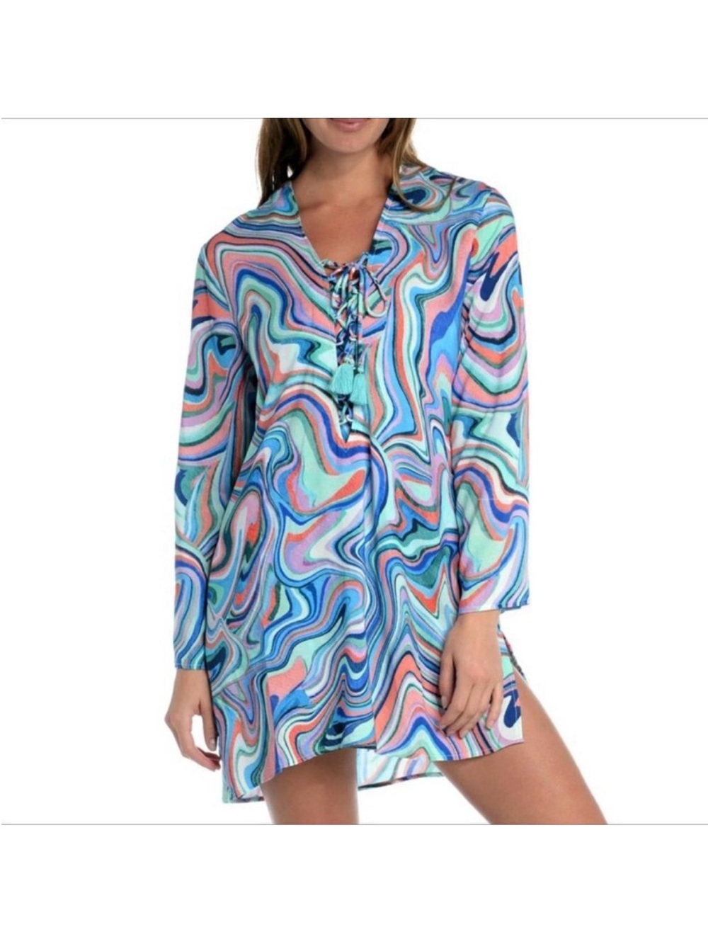 La Blanca Women's Swirl Print Long Sleeves Lace Up Beach Pool Tunic Blue Large